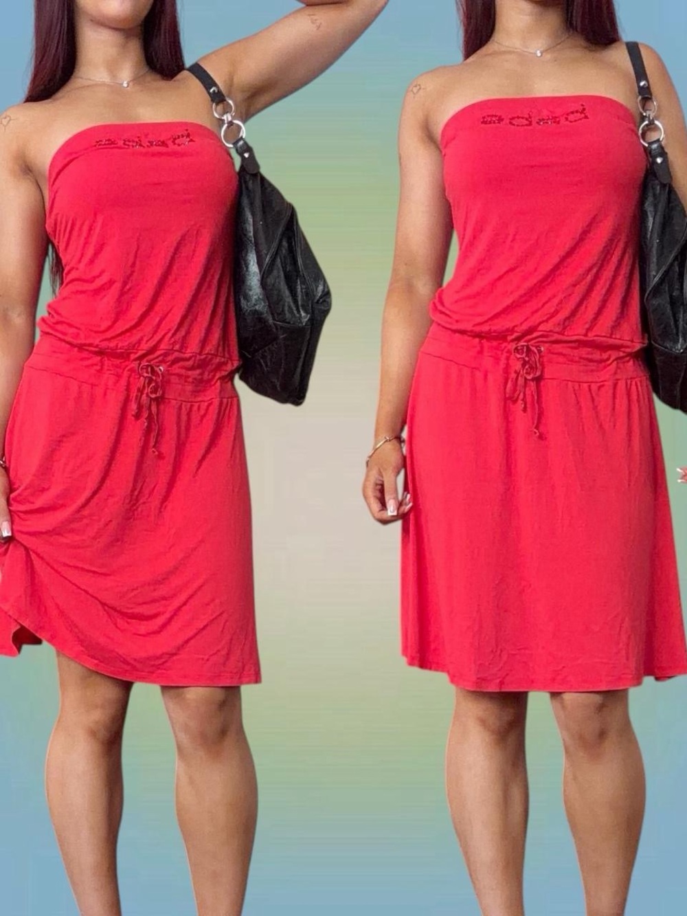 bebe Y2K Rhinestone Red Strapless Drawstring Waist Dress